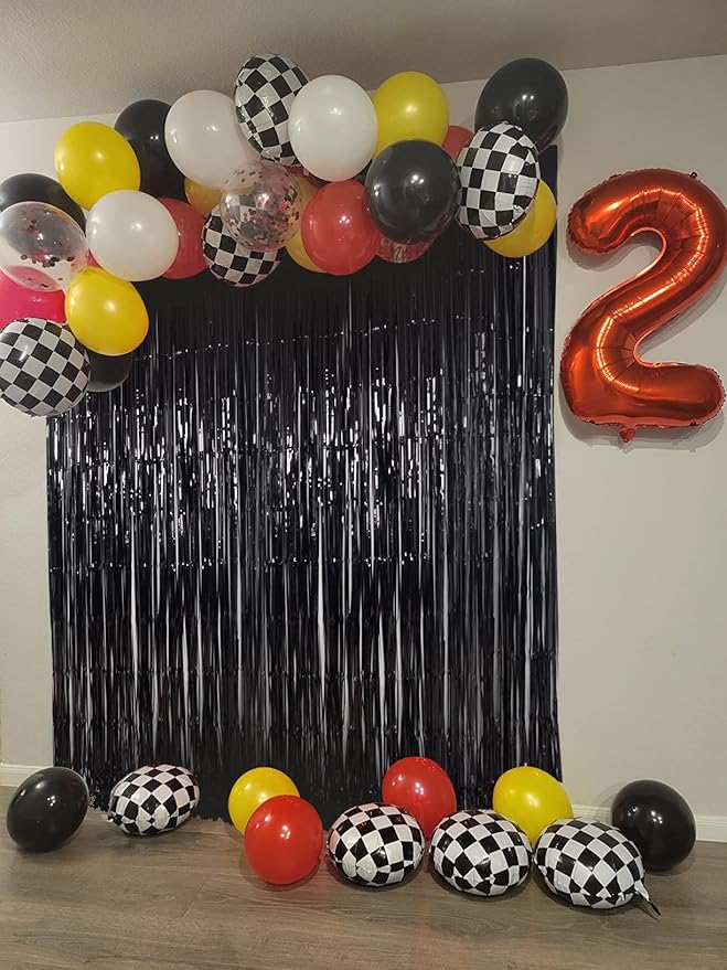 Black Tinsel Fringe Backdrop Curtains for Parties, Melsan 3.2 x 8 ft Black Streamer Photo Backdrop for Birthday, Graduations, New Year Eve Party Decor - Pack of 2