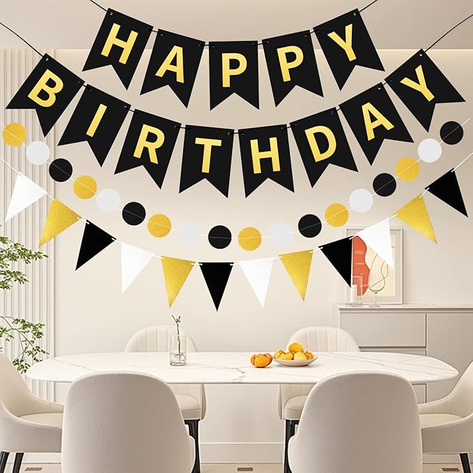 Black Gold Happy Birthday Banner, Happy Birthday Decorations Hanging Birthday Sign Circle Dot Triangle Bunting for Women Men Girl Boy Party Supplies