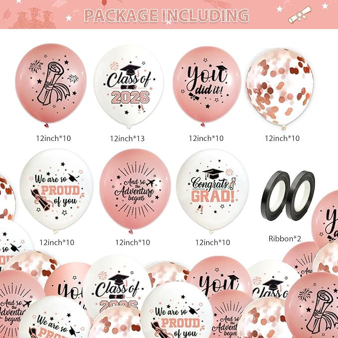 75Pcs Rosegold Graduation Balloons Decorations Class of 2026 Graduation Party Supplies with Congrats Balloon Ribbons for Congrats Party Decoration