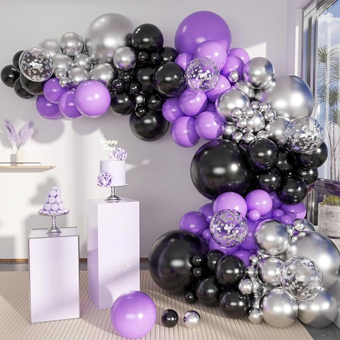 Black Purple and Silver Balloons Arch Kit, 146 Pcs Matte Black Light Purple Confetti Chrome Silver Balloons for Graduation Birthday Party Baby Shower Wedding Decorations