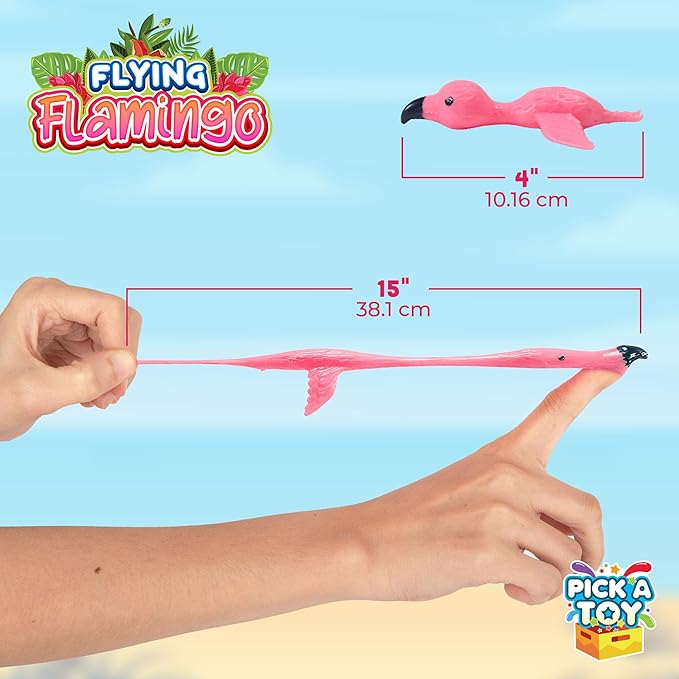 PICK A TOY 36 Pcs Flamingo Party Favors Toys for Kids, Bird Shooter Game Finger Flingers, Tropical Themed Decorations, Kids Prizes, Flying Rubber Chickens Slingshot, Easter Egg Filler