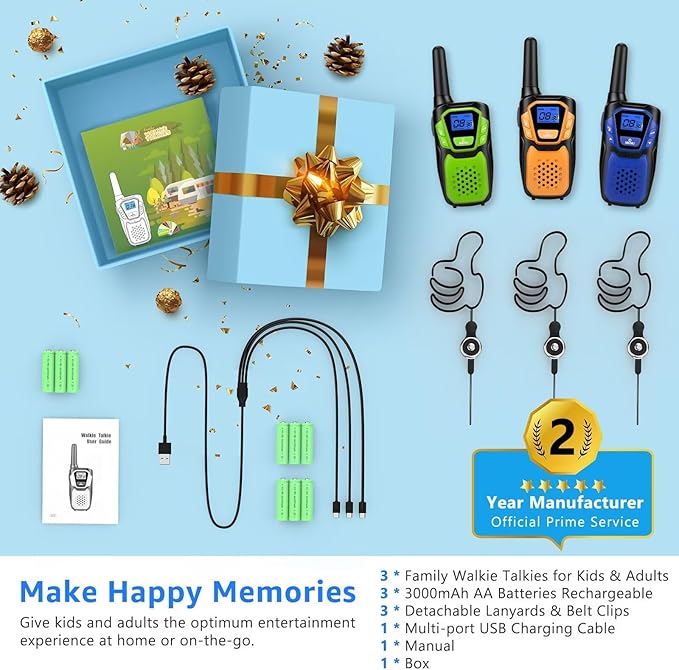 Walkie-Talkies for Kids Rechargeable Walkie Talkie for Adults Long Range FRS 2 Way Radio 3 Pack with Lanyard Battery NOAA USB, Family Toys for 3-12 Year Old Girls Boys Toddlers Camping