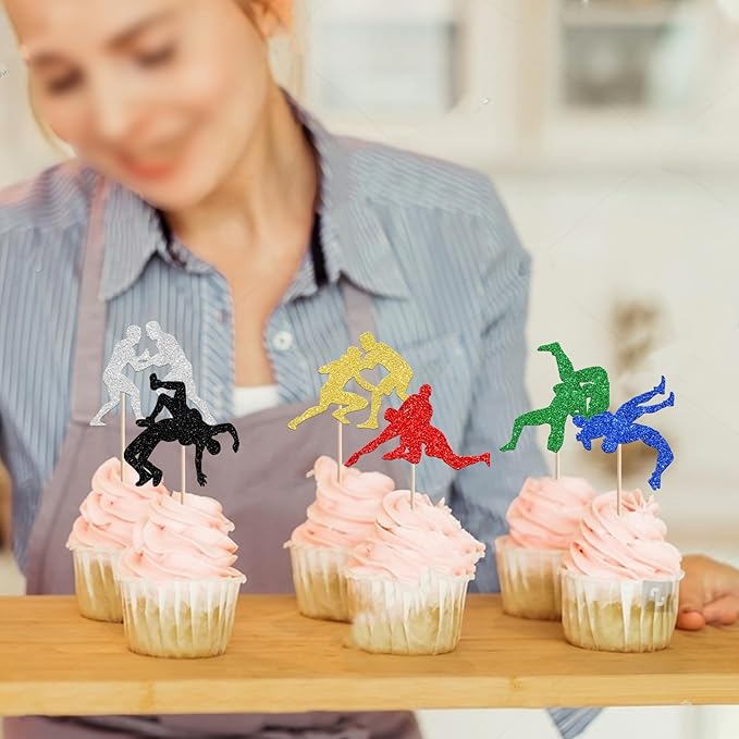 24 PCS Wrestling Cupcake Toppers Glitter Wrestler Birthday Cupcake Picks Wrestling Party Cupcake Decorations for Sport Theme Boys Men Birthday Party Cake Decorations Supplies Colorful