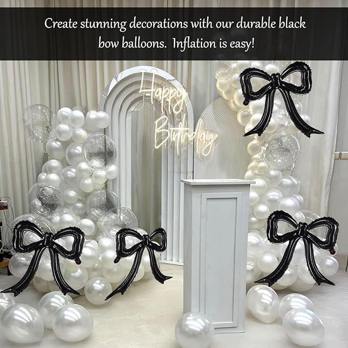 5 Pcs Black Bow Balloons Bow Party Decorations for Girl Women Black Bow Birthday Decorations Giant Foil Balloon for Baby Shower Bridal Engagement Wedding Decor Bachelorette Party Supplies