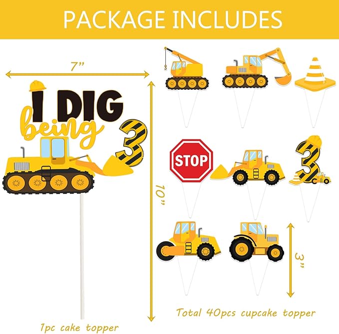 210 Pcs Construction 3rd Birthday Decorations - Includes Plates Napkins Cups Cake Cupcake Toppers Banner Hanging Swirls Tablecloths Balloons for Construction Boy Three Years Old Bday Party Supplies