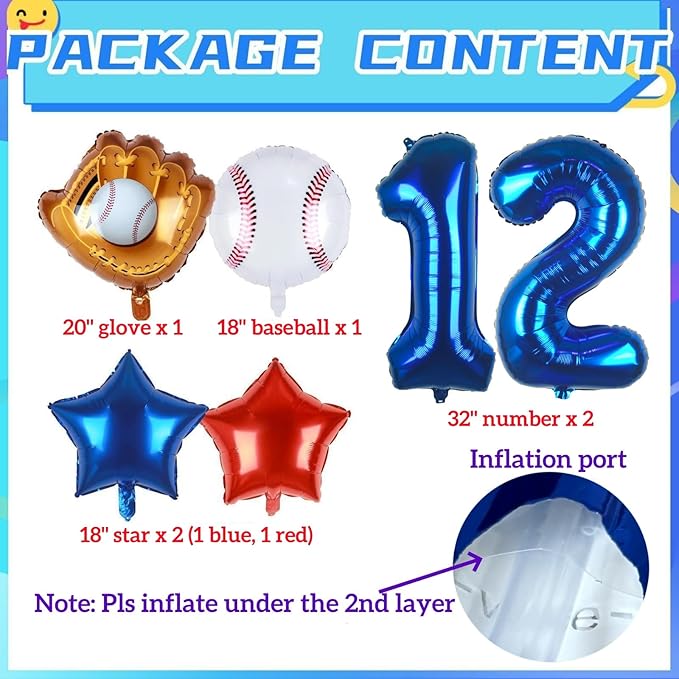 Baseball Balloons 12th Birthday Decorations for Boys | Baseball Birthday Decoration Sports Theme Party Supplies, 32Inch Foil Mylar Number 12 Balloon Navy Blue Red White Sports Balloon Arch Kits