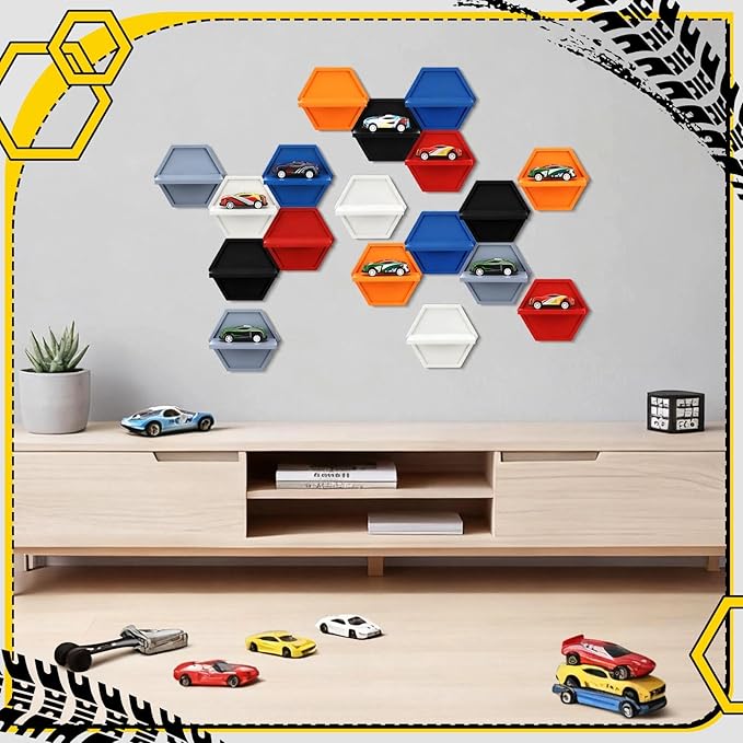 Thyle 18 Pcs Wood Toy Cars Wall Display Hexagon Floating Shelves Compatible with Hot Wheels 1/64 Scale Model Cars Storage Organizer Wall Mount Display Cabinet Case Holds up to 18 Diecast Car