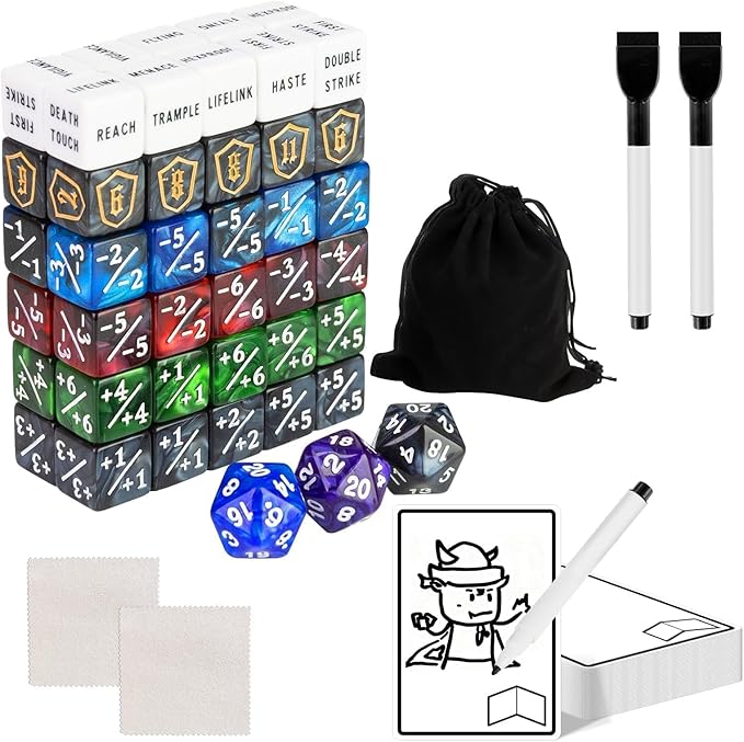 115-Piece MTG Dice Set with Dry Erase Tokens Kit Includes 63 Counters and 50 Tokens for MTG, TCG Cards Game Accessories with 2 Markers 2 Cloths