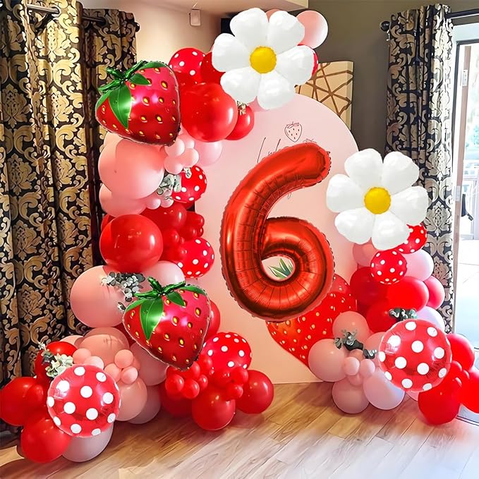 Strawberry Balloons Sixth Birthday Decorations for Girl, 40 Inch Mylar Red Number 6 Balloons, Strawberry Balloon for Strawberry Party Decorations, Strawberry Birthday Decorations