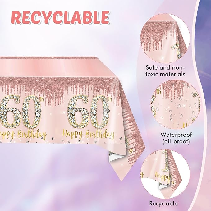 60th Birthday Decorations For Women,Rose Gold 60 Birthday Disposable Paper Plates and Napkins,60th Birthday Tablecloth Tableware Kit For 1966 Party 60 Years Old Birthday Decorations,20 Guests