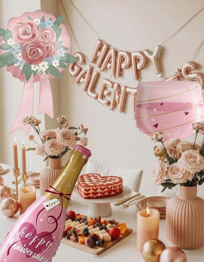 Happy Anniversary Balloon Champagne Bottle Balloon Champagn Glass Foil Balloons Flower Birthday Engagement Bridal Shower Wedding Bachelorette Celebration Anniversary Party Decorations Supplies 3 Pcs