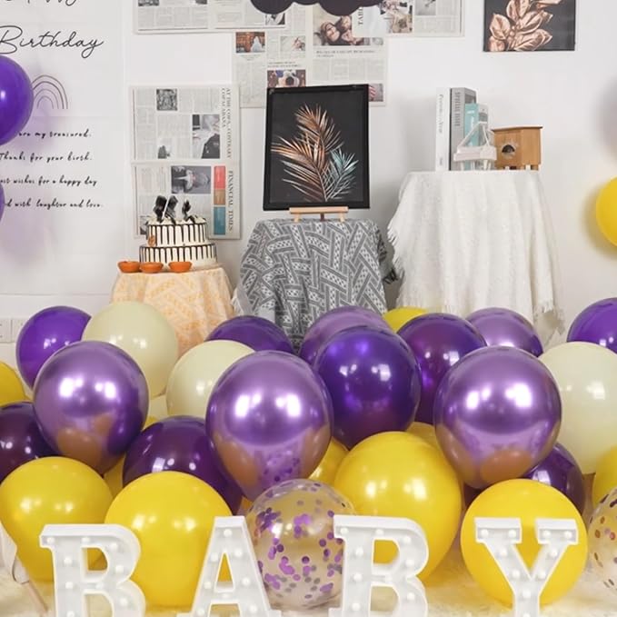 Paready Purple & Yellow Balloons Set - 50pcs, 12 Inch Light Yellow & Dark Purple Metallic Confetti Balloons for Kids, Boys' Sport Theme Birthday & Baby Shower Supplies