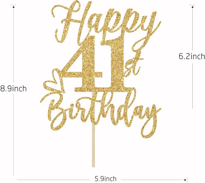 Happy 41st Birthday Cake Topper, 41st Birthday Decorations, Cheers to 41 Years, Hello 41, 41st Happy Birthday Party Supplies Gold Glitter
