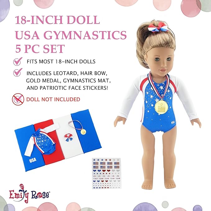Emily Rose 18" Doll Gymnastics Outfit 5-Piece Set - Bejeweled Athletic Gymnast Leotard, Medal, Hair Bow, Mat, & Reuseable Stickers | American Girl Compatible | Trusted USA Brand | NO Doll