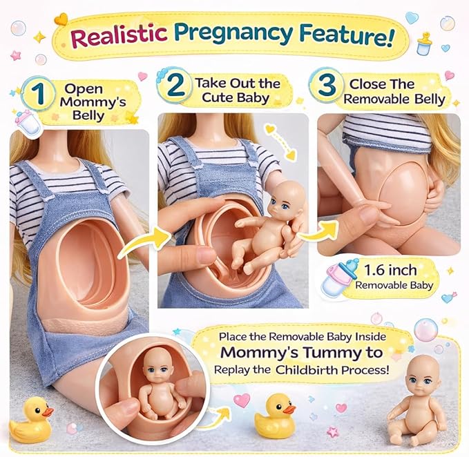 Pregnant Dolls Set of 6 People with Removable Baby, 12 Inch Realistic Mommy Doll Set for Kids, Educational Pregnancy Doll Toy, Role Play Gift for Girls Ages 3+