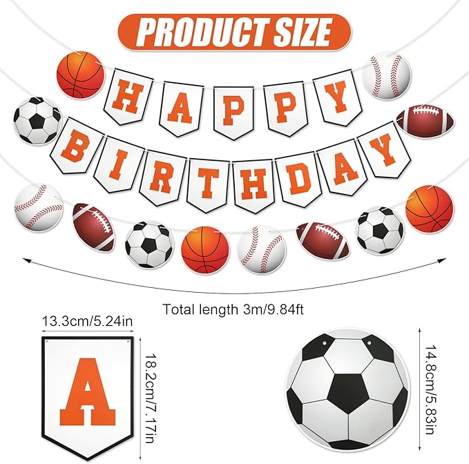 3pcs Sports Birthday Banner - Happy Birthday Basketball Baseball Football Rugby Decorations for Photo Props Party Supplies