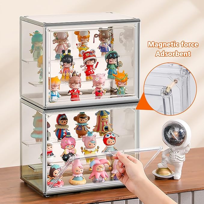 Premium Acrylic Display Case for Figures (10.6" x 7.1" x 8.7") 3 Layer Clear Display Box with Adjustable Dividers & Magnetic Door, Stackable Action Figure Showcase for Funko Pop, Mini Collectibles