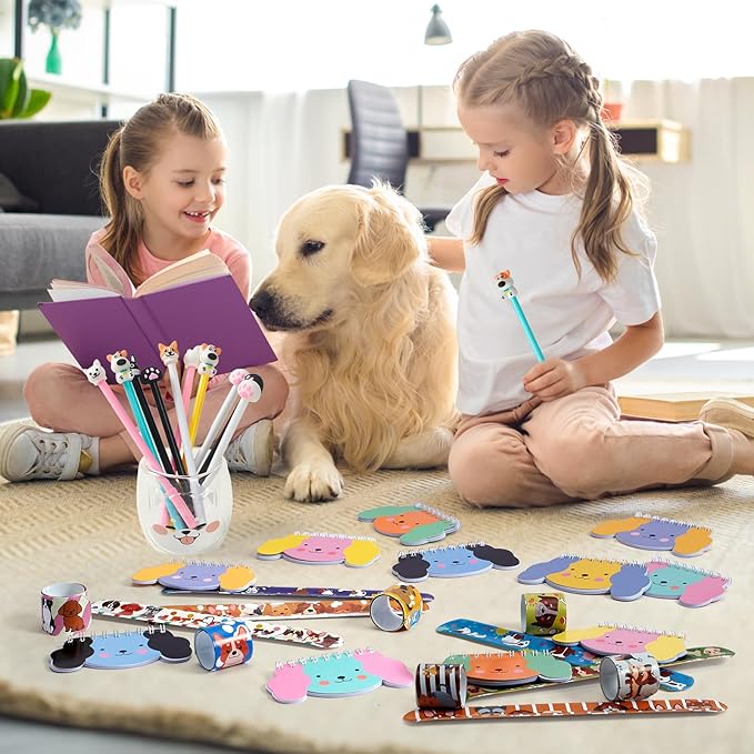 Dog Party Favors for Kids 12Set Paw Print Puppy Party Favors with Mini Notebooks Pens Dogs Figures Slap Bracelets, Boys Girls Birthday Gift Goodie Bags Stuffer Dog Themed Party Supplies Decor