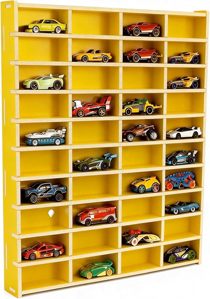 Toy Car Display Shelf, Holds 40 Diecast 1/64 Toys Car, Wall Mount Model Cars Storage Organize Case (Yellow 1/64 Toy Car Display Shelf)