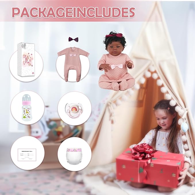 Realistic Reborn Baby Doll Black Girl – 18 Inch Lifelike African American Newborn, Real Life Handmade Soft Body with Accessories Gift Set for Kids 3+