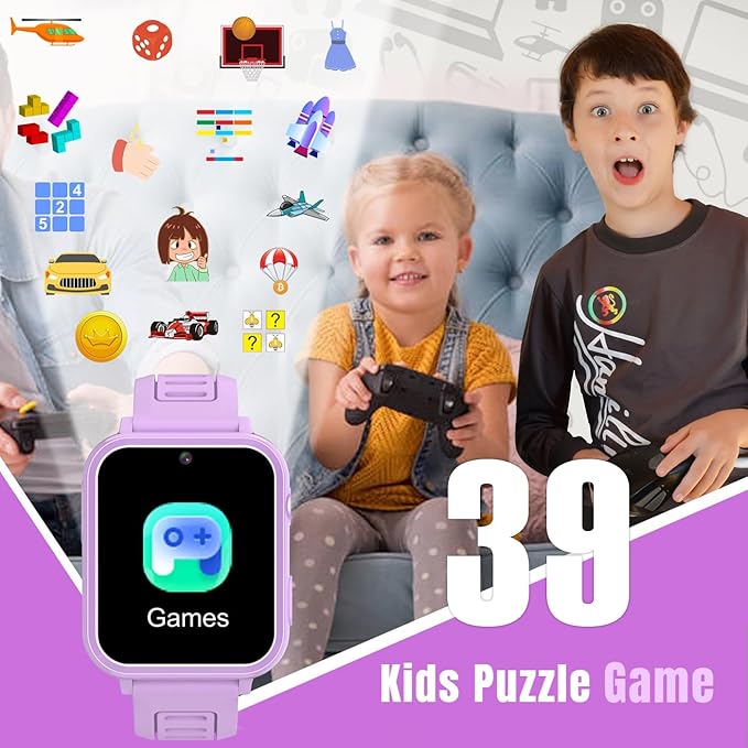 Kids Smart Watches Girls with HD Touch Screen Camera Music Player 39 Puzzle Games Pedometer Alarm Clock Calculator Torch, 12/24 hr Kids Watches Toys for Age 3-12 Year Olds Gifts Girls