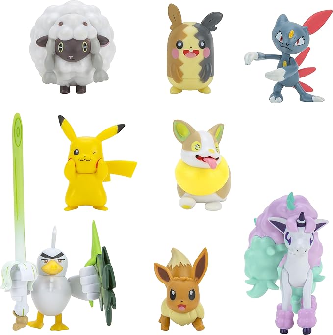 Pokemon Figure Battle Ready! 8-Pack Toy Set - Sword and Shield - 4.5" Ponyta & 2" Pikachu, Eevee, Wooloo, Sneasel, Yamper, Sirfetch'd, Morpeko - Gift for Kids, Boys, Girls - 4+