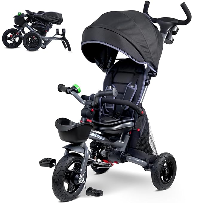 7-in-1 Folding Toddler Tricycle for 18 Months to 5 Years, Tricycle Stroller with Dual Brakes, All-Terrian Rubber Tire, Tricycle for Toddlers with Rotatable Seat, Adjustable Push Handle, Grey