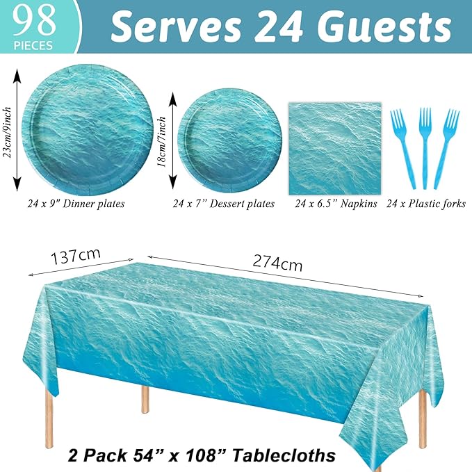 gisgfim 98 Pcs Ocean Sea Party Supplies Ocean Waves Party Plates Ocean Sea Party Tablecloth Ocean Theme Party Decorations for Adults Ocean Sea Tableware Paper Forks Napkins Plates for 24 Guests