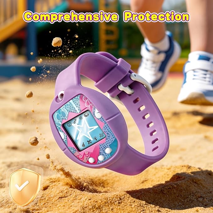 Soft Silicone Wristband for Tamagotchi Original, for Gen 1/2, Neon, Retro Flowers, 90s, Fresh Strawberry, Adjustable Anti-Drop Strap for Kids, Teens, Adults, Parents & 90s Nostalgia Lovers (Purple)