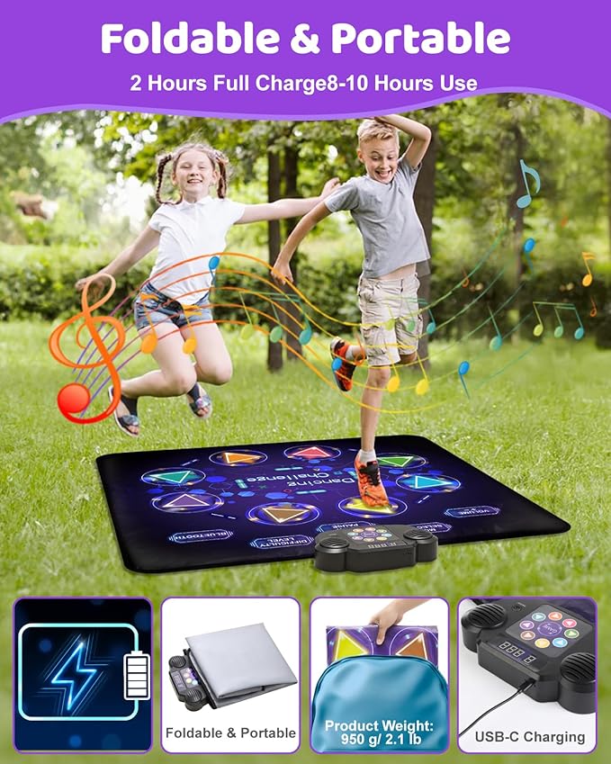 Dance Mat Toys for Kids: LED Light-Up 8-Button Dance Pad with Adjustable Volume, Rechargeable, Bluetooth Function, Built-in Music, 8 Modes & 3 Difficulty Levels, Xmas Gifts for Kids Ages 3-12