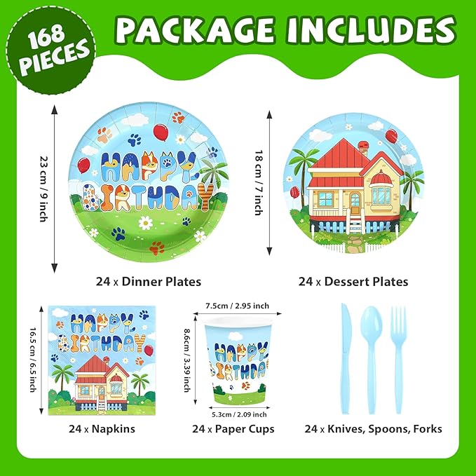 168 Pcs Blue Dog Birthday Party Decorations Blue Birthday Girl Plates and Napkins Dog Tableware Set for Spring Boys Girls themed Birthdays Baby Shower Party Supplies, Serves 24
