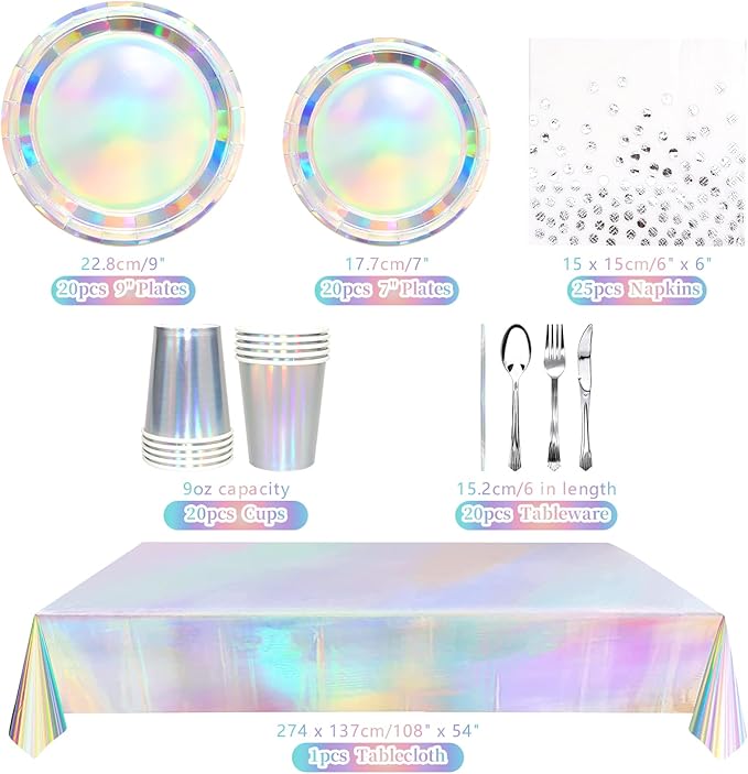 161Pack Iridescent Party Supplies, Holographic Party Tableware - Iridescent Cup Straws Napkins Forks Knives Spoons Iridescent Foil Tablecloths for Birthday Disco Wedding 80s Party, Serves 20 (20 Set)