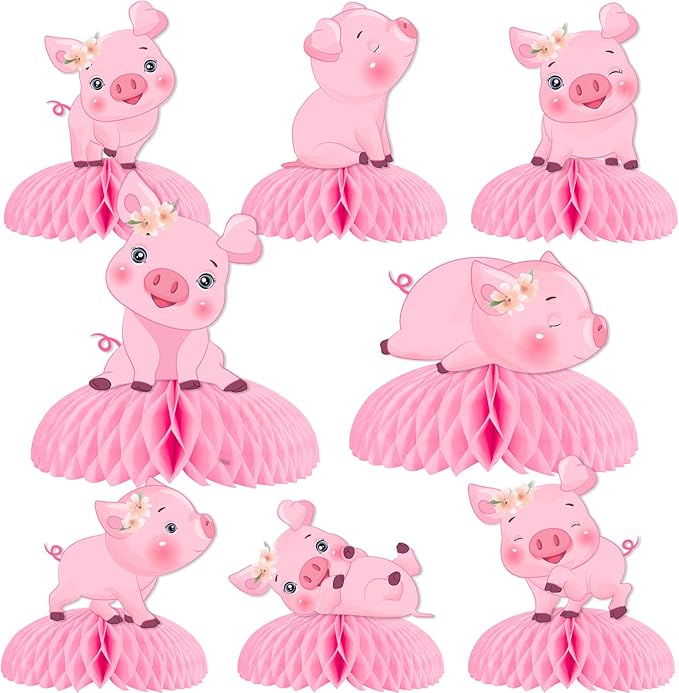 JOYMEMO 8 Pieces Pig Honeycomb Centerpieces for Tables - Pink Piggy Theme Birthday Decorations Girls, Pig Farm Animal Table Table Toppers for Barnyard Farmhouse Birthday Baby Shower Party Supplies