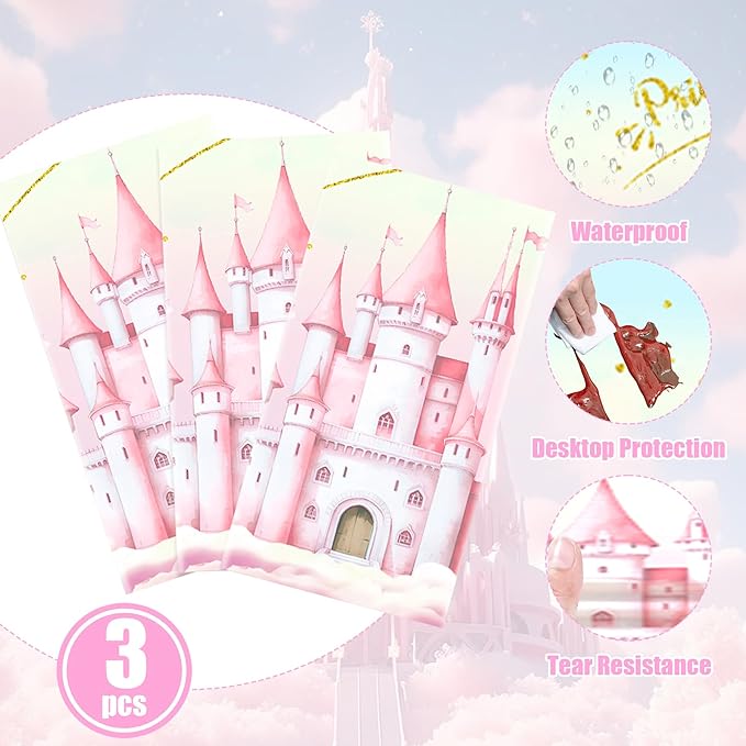 3pcs Princess Party Tablecloth, 54 x 108 Inch Pink Castle Plastic Table Cover, Princess Birthday Party Decorations for Fairytale Themed Party, Baby Shower, Girls Birthday Party Supplies