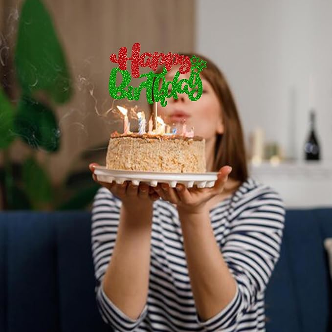 Ephlyn 1Pcs Happy Birthday Cake Topper Glitter Happy Birthday Cake Pick for Christmas Theme Baby Shower Anniversary Party Decorations Supplies Red Green