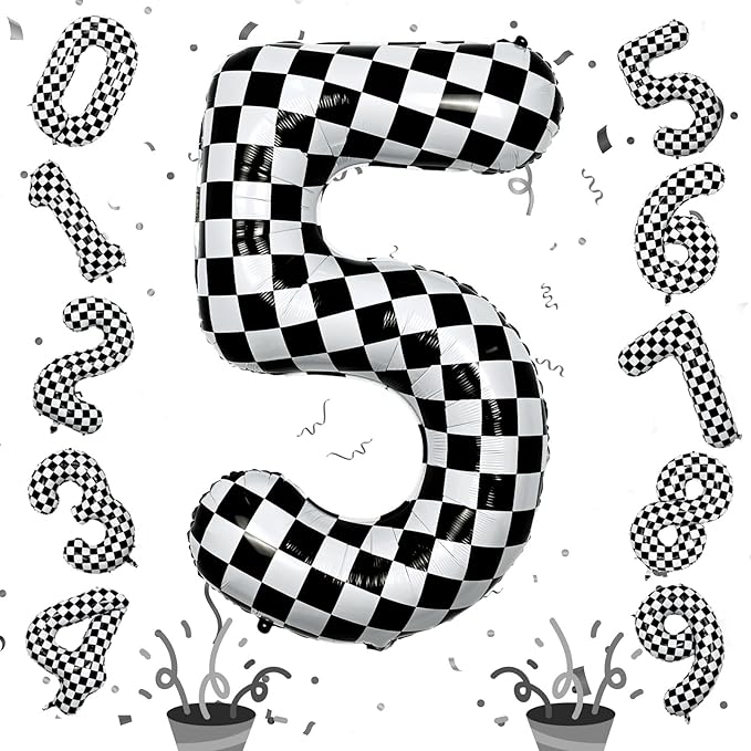 40 Inch Checkered 5 Number Balloons, Large Foil Self Inflating 5th Birthday Racing Balloons Decor, Black and White Checkered 5 Ballons for Boys 5th Birthday Race Car Flag Party Decorations Supplies