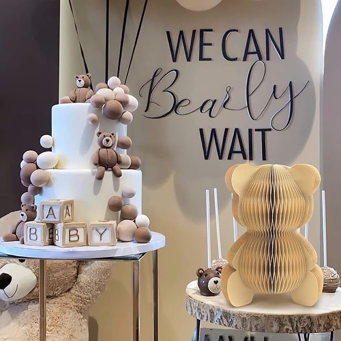 2 Pcs Bear Honeycomb Centerpieces, 10" Cute Bear Table Toppers for We Can Bearly Wait Baby Shower Decorations, Bear Themed Birthday Party Supplies