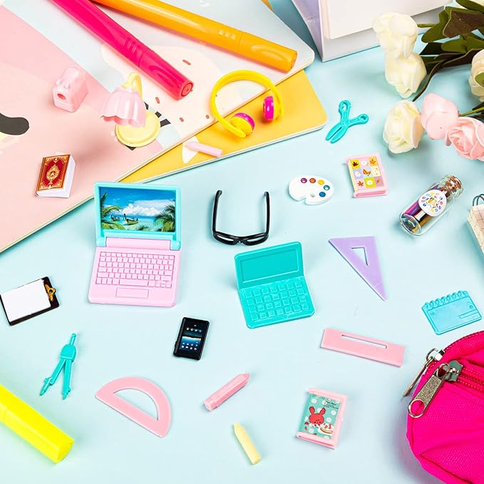 Mini School Supplies, 30Pcs Doll School Supplies Includes Mini Doll Backpack Laptops Glasses Blackboard Book Palette Paper Ruler Scissors Calculator for Dolls Accessories Set