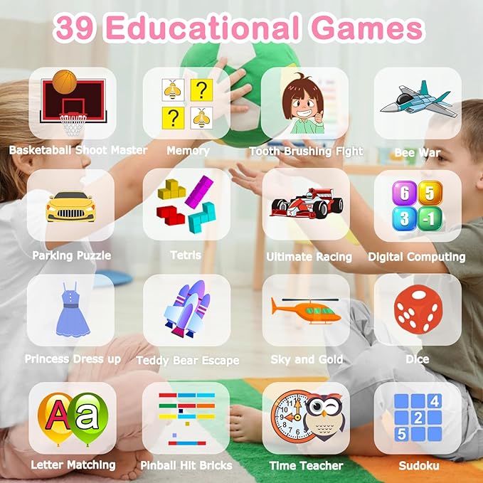 Cosjoype Kids Game Smart Watch Gift for Girls Age 6-12, 39 Puzzle Games HD Touch Screen Kids Watches with Video Camera Music Player Pedometer Flashlight 12/24hr Toys for 7 8 9 10 11 12 Year Old Girls