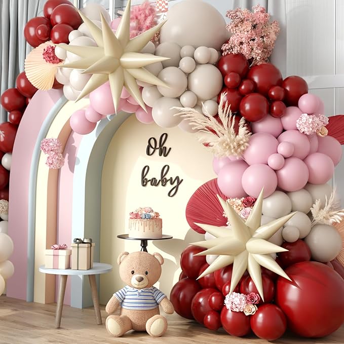 Retro Red Dusty Pink Balloon Arch Kit, Red Sand White Mist Pink Balloon Garland Bow Party Set with Cream Star Balloons for Birthday Anniversary Wedding Baby Shower Party Supplies