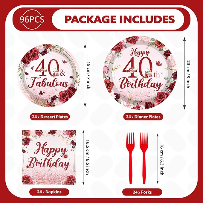 96Pcs Burgundy 40th Birthday Party Supplies Rose Gold Floral 40 and Fabulous Plates and Napkins Tableware Sets for Womens Burgundy Happy 40 Years Old Birthday Decorations Serves 24 ﻿