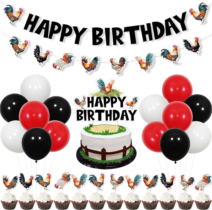JOYMEMO Rooster Birthday Party Decorations, Rooster Happy Birthday Banner Garland with Cake Topper Cupcake Toppers and Balloons, Chicken Farm Backyard Party Supplies