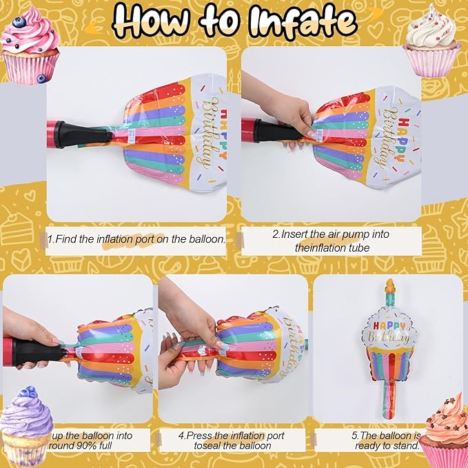 Happy Birthday Cupcake Cute Foil Balloons, Rainbow Sprinkle Happy Birthday Inflatable Mylar Round Balloon and Mini Cupcake Helium Balloons for Kids Children Girls Sweet birthday Party Decorations