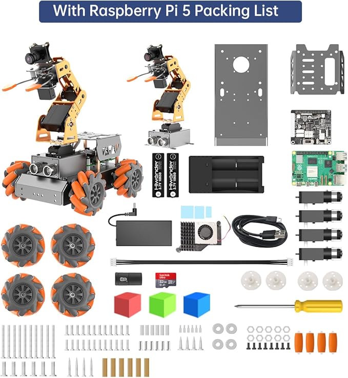 MasterPi 5DOF Robotic Arm for RaspberryPi 5 AI Vision Tracking Target Sorting Line Follow Open Source Programming Smart Robot Car Kit for Teen Adult STEM Educational Building Robot, with RPi 5 4GB