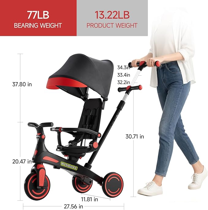Winhope Kids Tricycle, 6 in 1 Baby's Tricycle Toddler Trike with Adjustable Push Handle, Reversible Seat and Canopy, Baby Stroller for 1-6 Year Olds, Suitable for Outdoor Activities(Red)