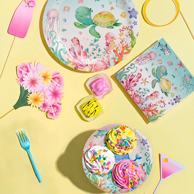 96Pcs Under the Sea Plates Party Supplies, Fish Paper Plates and Napkins and Forks Ocean Baby Shower Picnic Kids Birthday Party Decorations, Serves 24