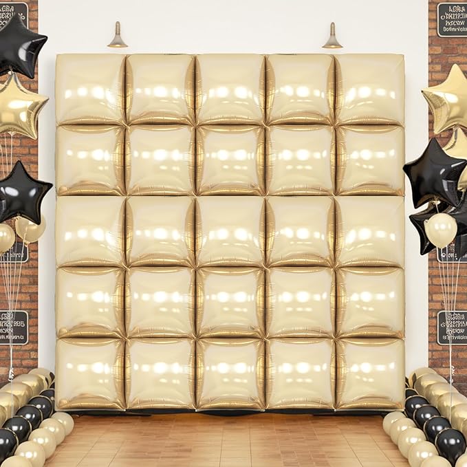 Champagne Gold Square Foil Balloon Wall,25Pcs Double Sided Foil Balloons Backdrop Helium Polyester Tunnel Arch Garland Kit for Birthday Bridal Anniversary Baby Shower Party Decorations