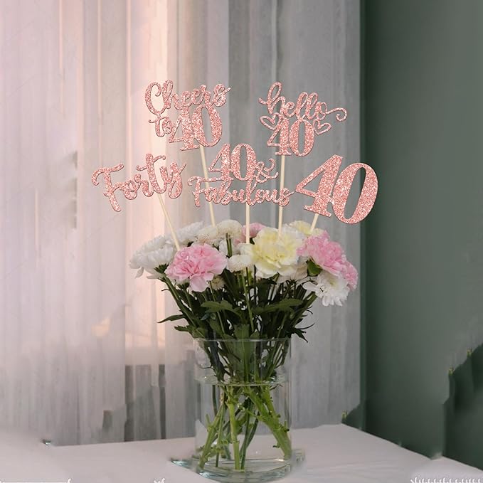 15PCS Happy 40th Birthday Centerpiece Sticks Forty Hello 40 Cheers to 40 Table Flower Centerpieces Sticks 40 Fabulous Floral Decorations for Happy 40th Birthday Party Centerpieces Supplies Rose Gold