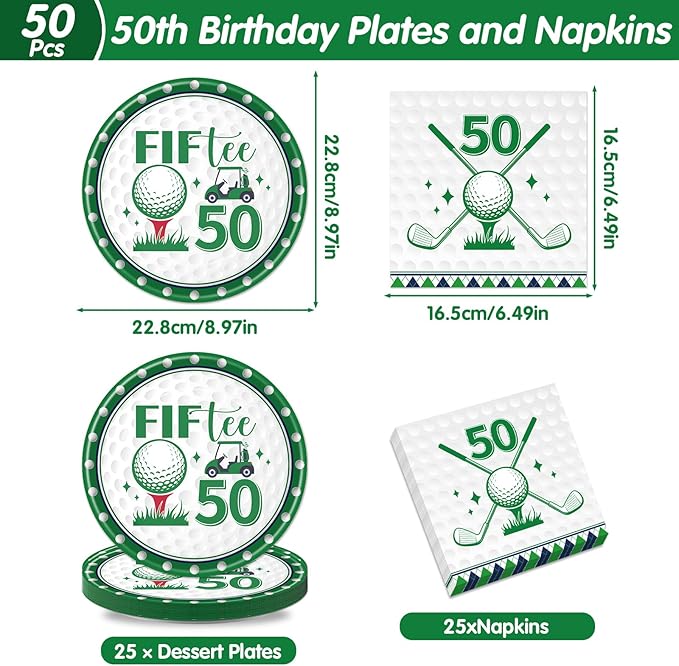 Rakuto Golf 50th Birthday Decorations - 50 Pcs Fiftee Golf Themed Party Plates and Napkins Set Supplies, Disposable Tableware Decorations for Men Women Sports Birthday Party Serves 25 Guests