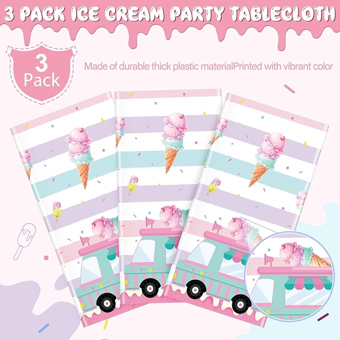 3 Pack Ice Cream Truck Tablecloth Party Decorations, Ice Cream Birthday Plastic Table Cloth Party Supplies, Disposable Rectangle Table Cover for Kids Sweet One Birthday Baby Shower, 54 x 108 Inch